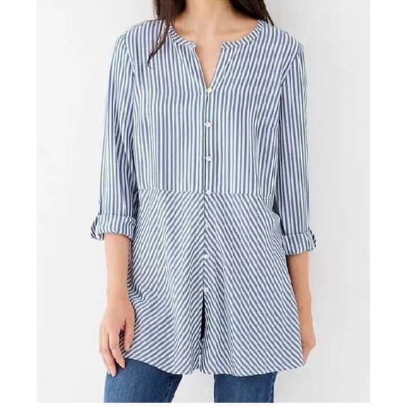 J Jill Blue White Striped Button Down Shirt Roll Tab Sleeves Size Medium Office - Picture 1 of 13